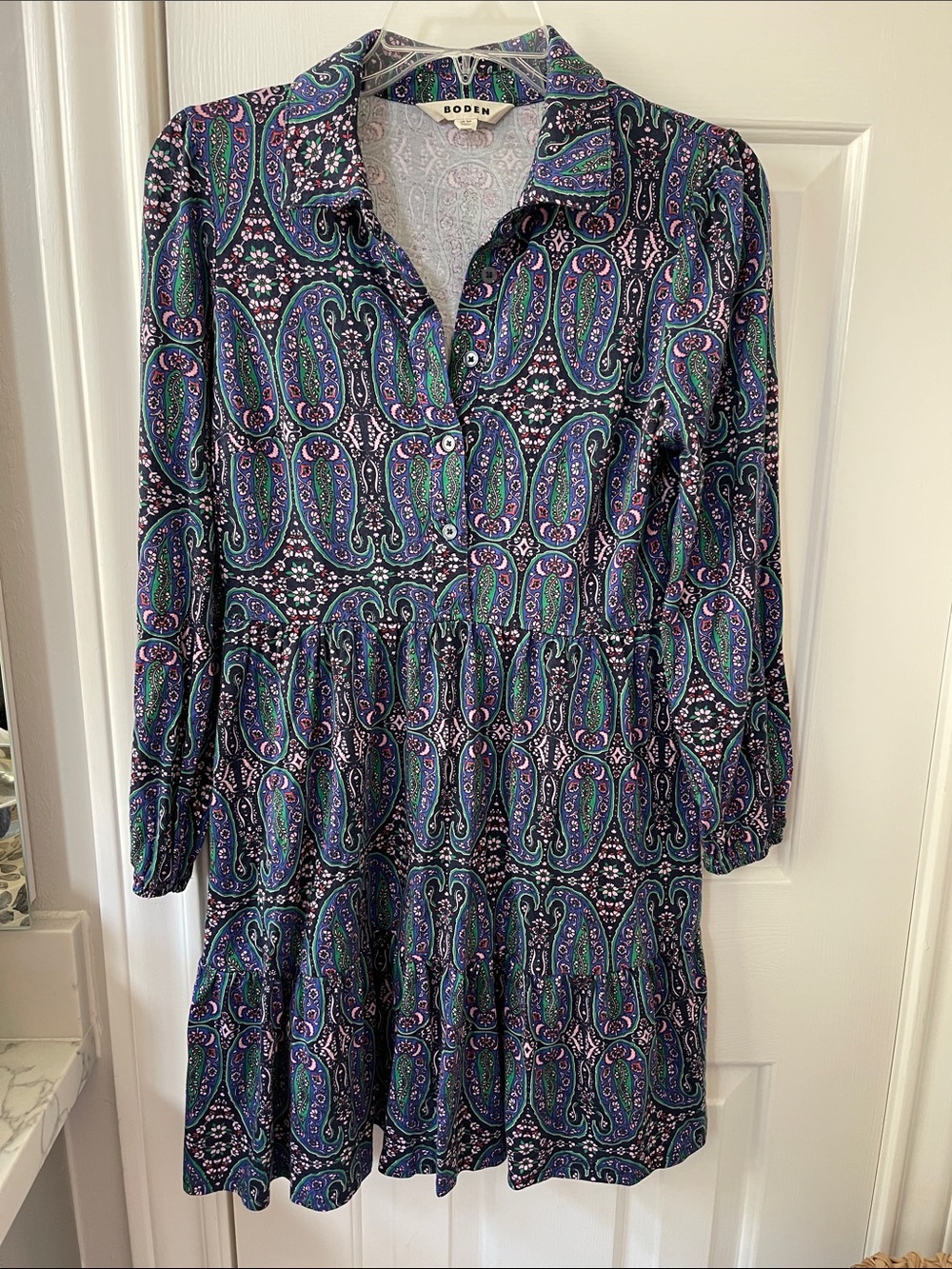 Boden Navy Paisley Tiered Shirt Dress with Green & Purple Accents
